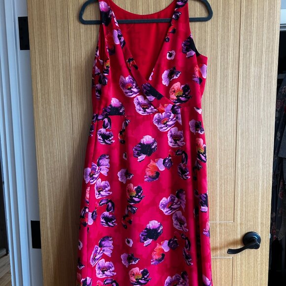 Banana Republic 10 Petite Red Poppy Floral Midi Dress Career Cocktail Party Chic - Picture 4 of 5